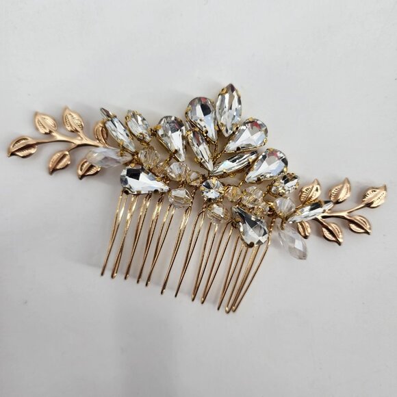 Bridal Wedding Prom Gold Rhinestone Floral Leaf Pattern Hair Comb NWT - Picture 3 of 5